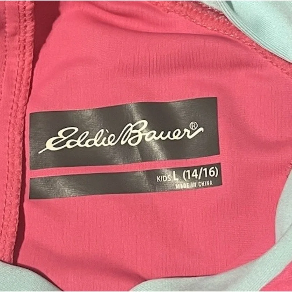 Eddie Bauer Swim Shirt Girls Size L 14/16 Green Pink Short Sleeve Mock Neck‎